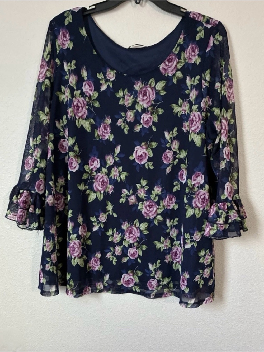 Paper moon Navy Floral Ruffle-Sleeve Blouse - Women's Top